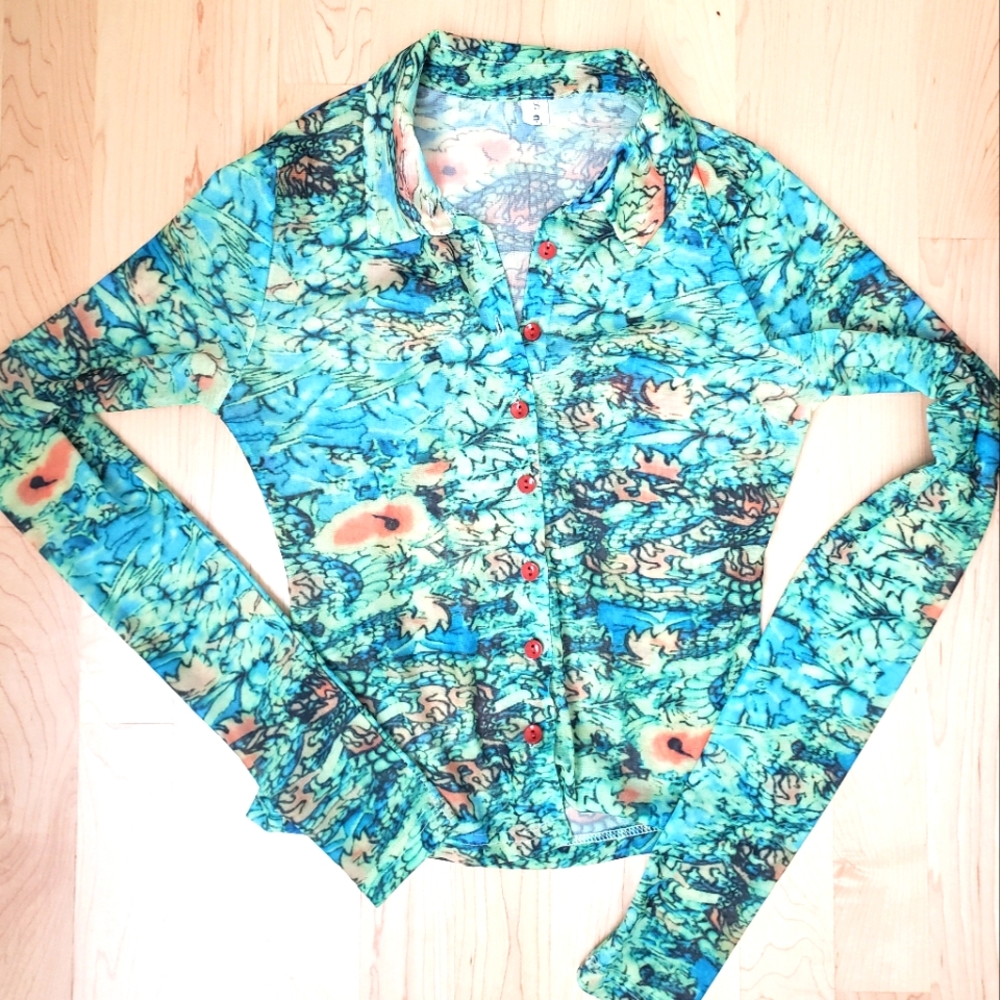 Colorful Irezumi style mesh blouse, size small